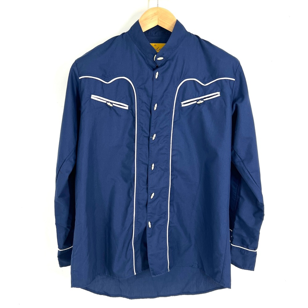 Lerma Universal Gentleman Mens Navy Blue Western Piping Band Collar Shirt 40